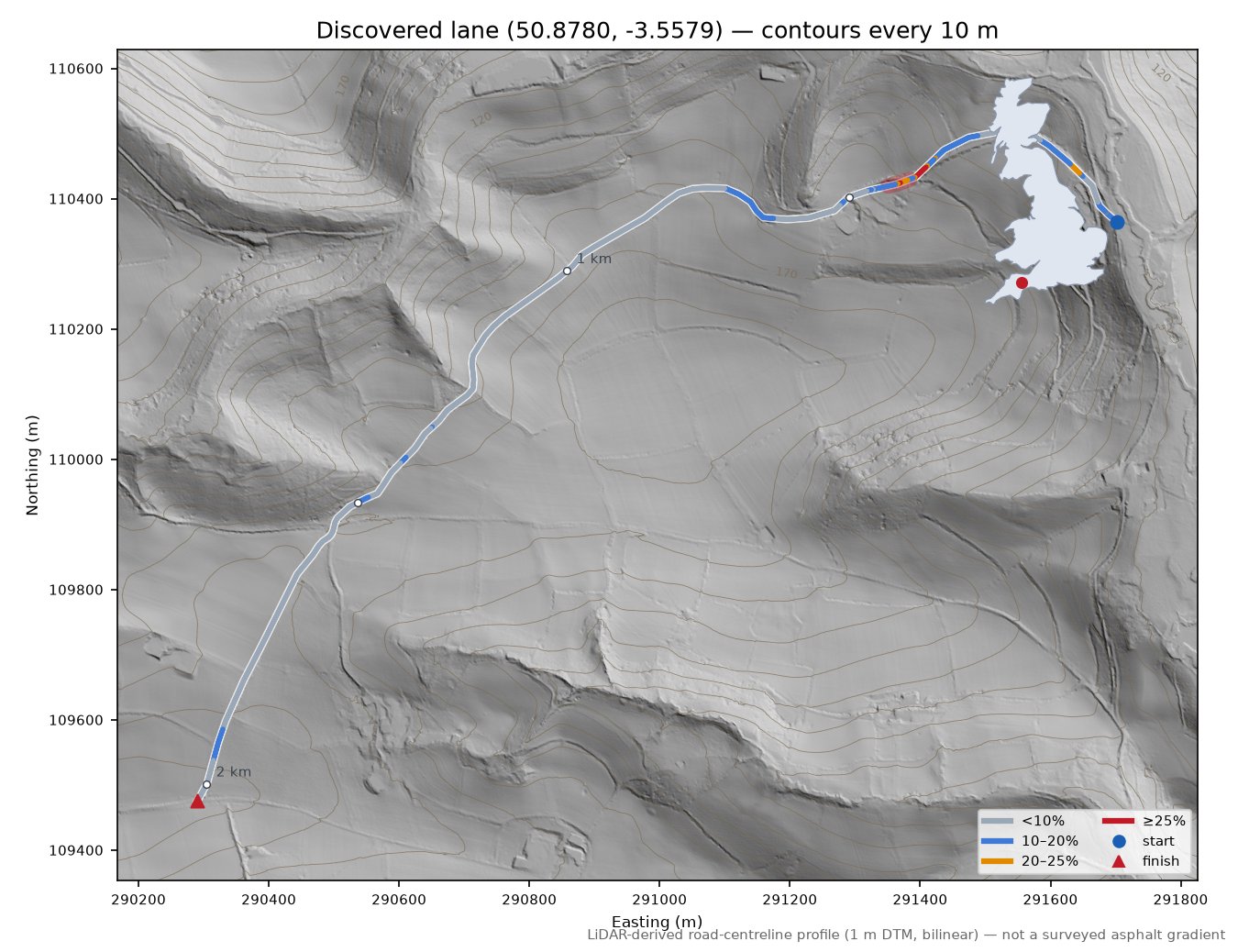 Discovered lane (50.8780, -3.5579) LiDAR hillshade map with contours