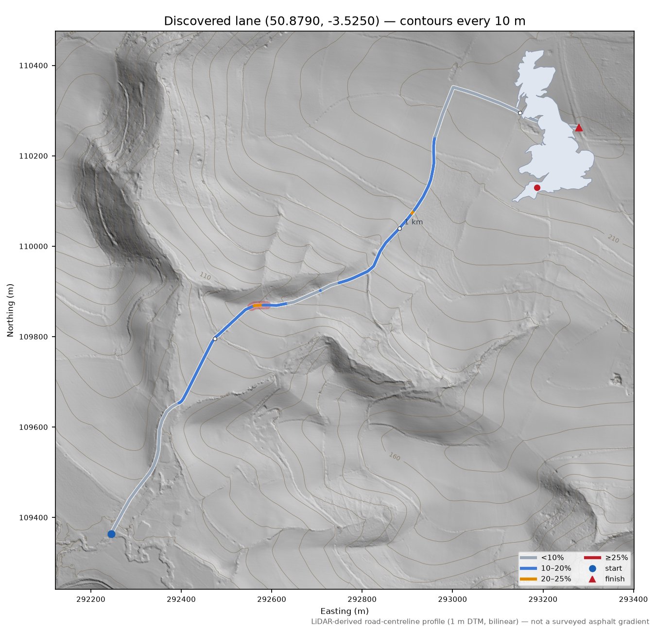Discovered lane (50.8790, -3.5250) LiDAR hillshade map with contours