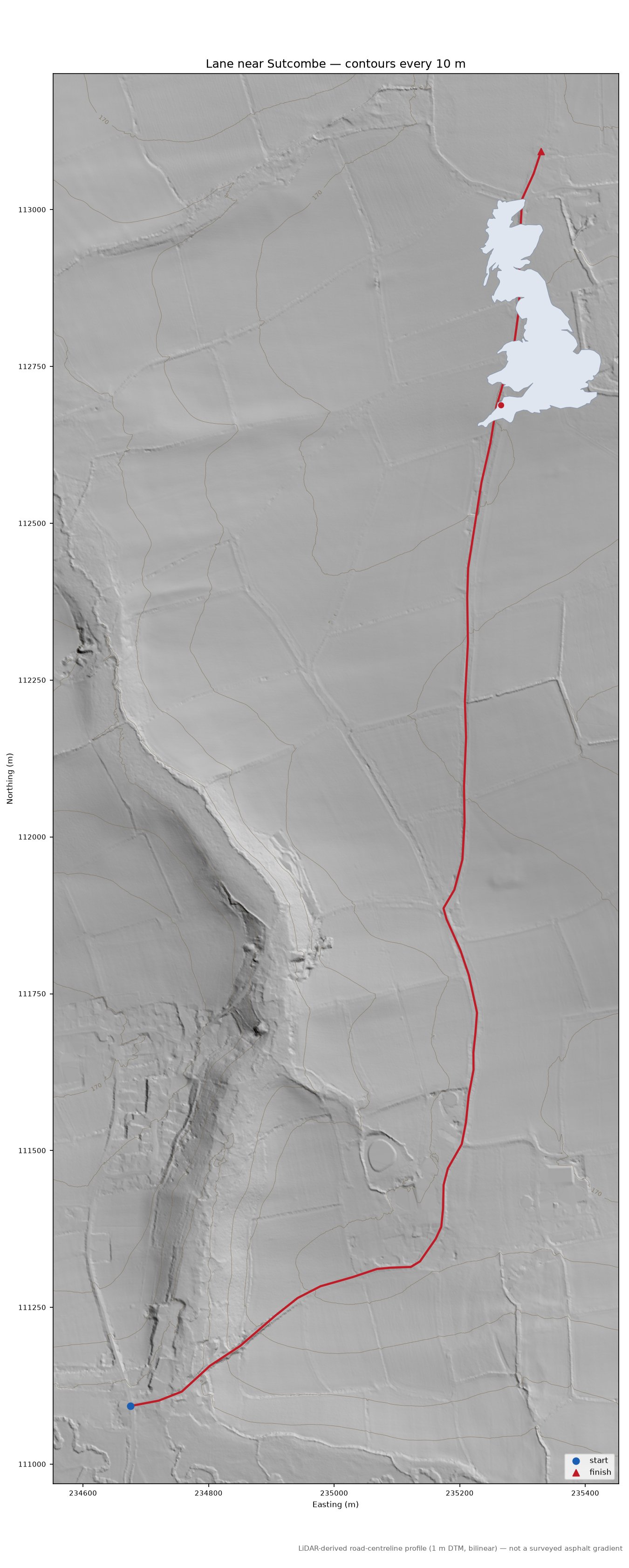 Lane near Sutcombe LiDAR hillshade map with contours