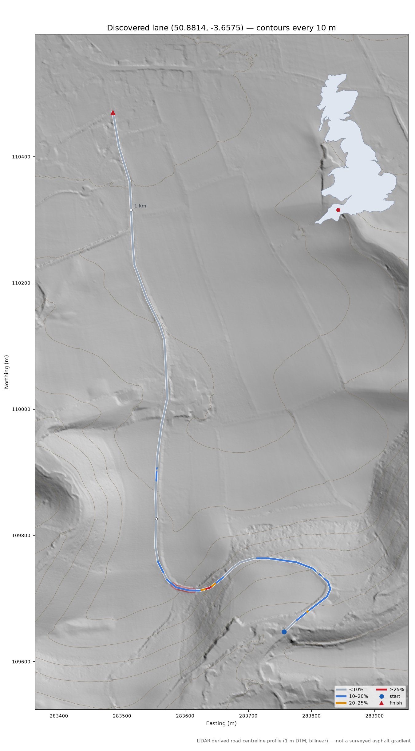 Discovered lane (50.8814, -3.6575) LiDAR hillshade map with contours