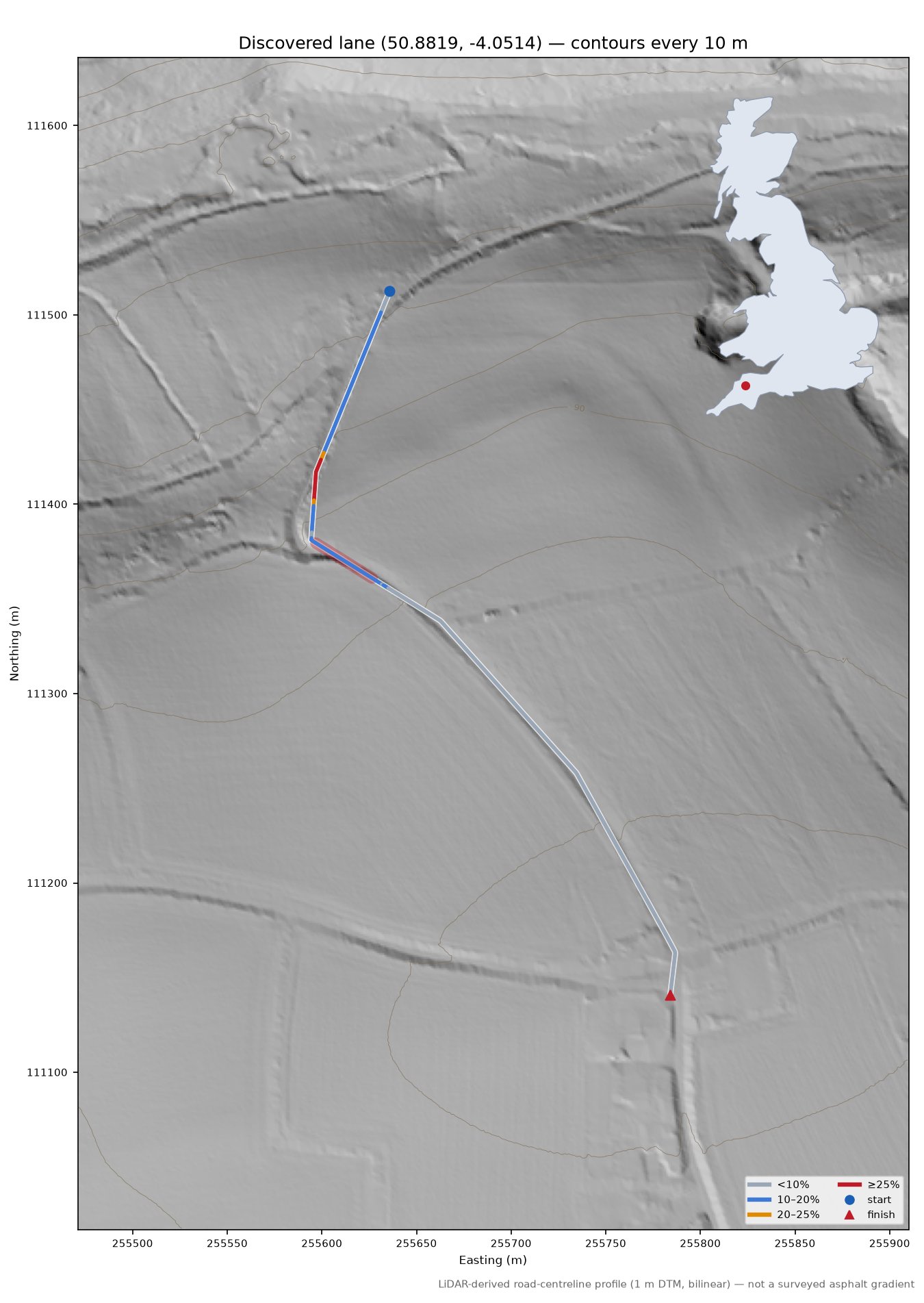 Discovered lane (50.8819, -4.0514) LiDAR hillshade map with contours