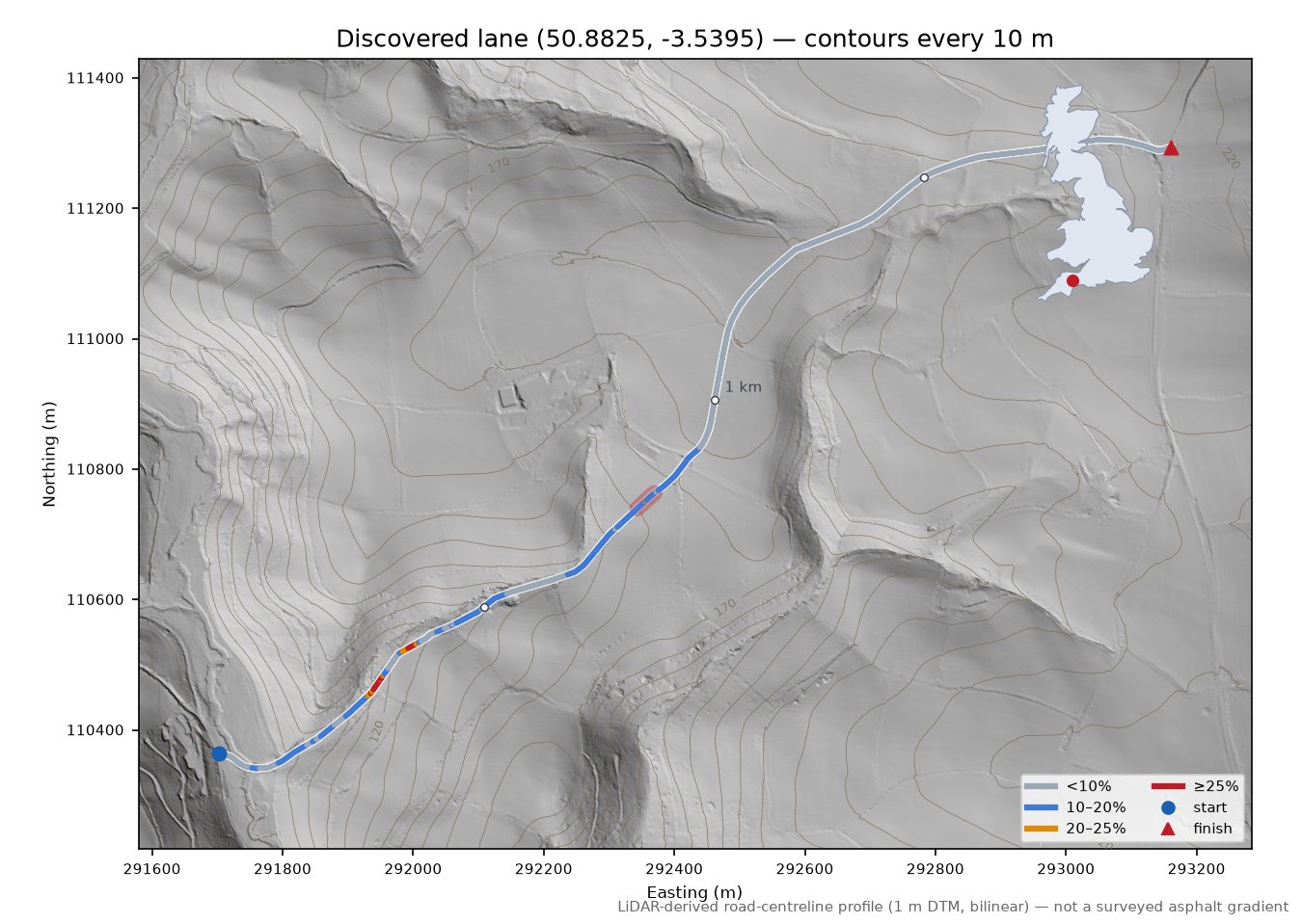 Discovered lane (50.8825, -3.5395) LiDAR hillshade map with contours