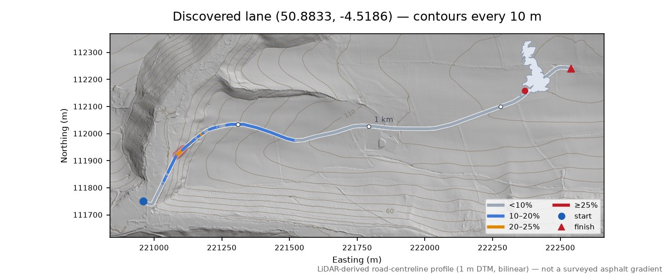 Discovered lane (50.8833, -4.5186) LiDAR hillshade map with contours