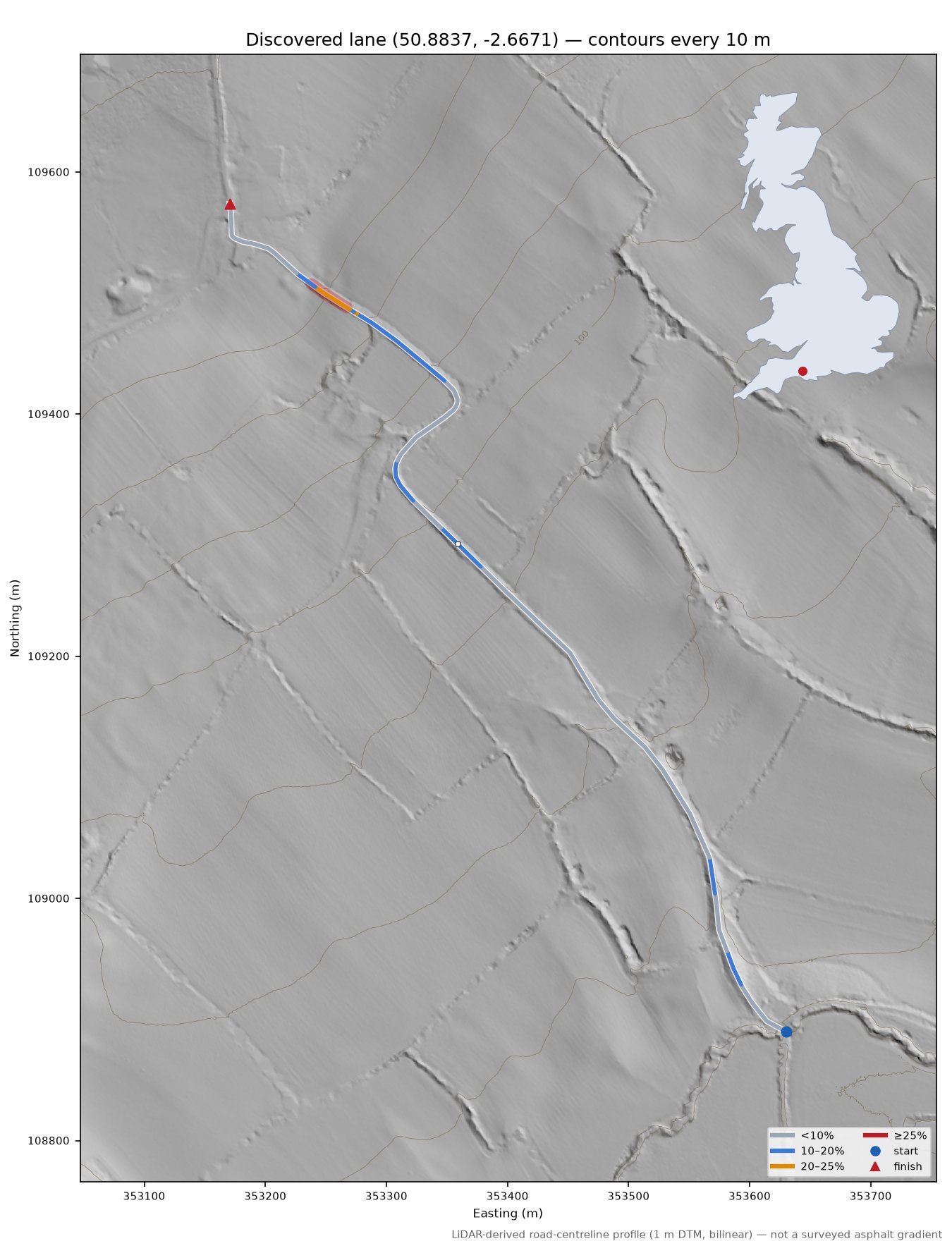 Discovered lane (50.8837, -2.6671) LiDAR hillshade map with contours