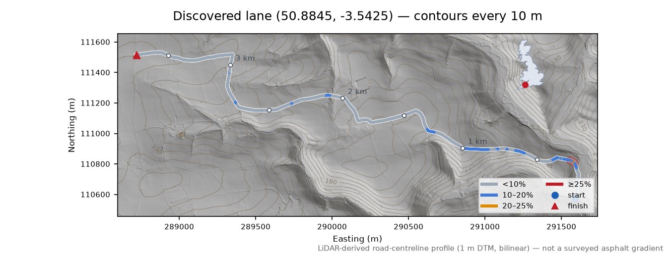 Discovered lane (50.8845, -3.5425) LiDAR hillshade map with contours