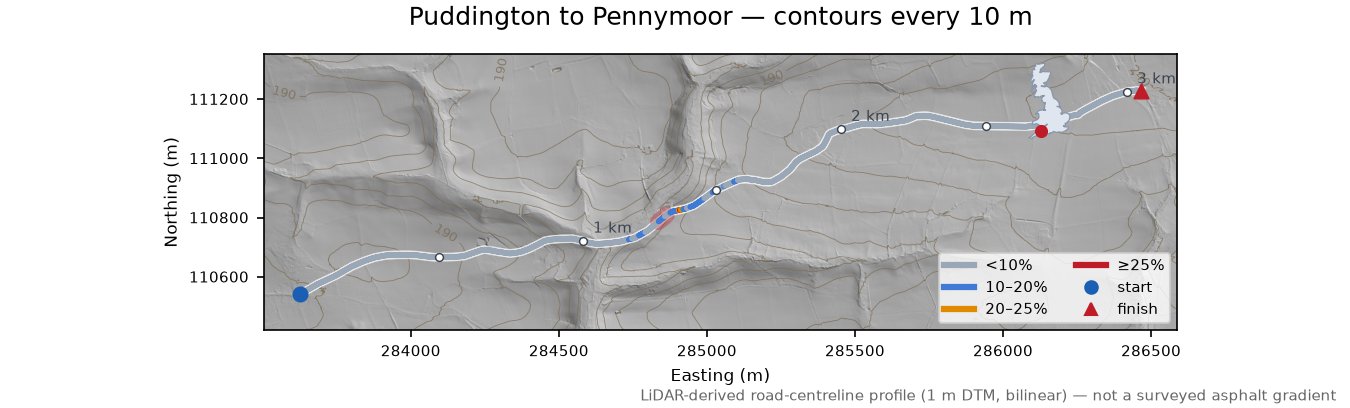 Puddington to Pennymoor LiDAR hillshade map with contours
