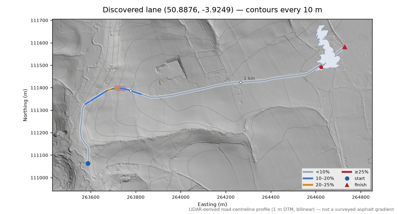 Discovered lane (50.8876, -3.9249) LiDAR hillshade map with contours