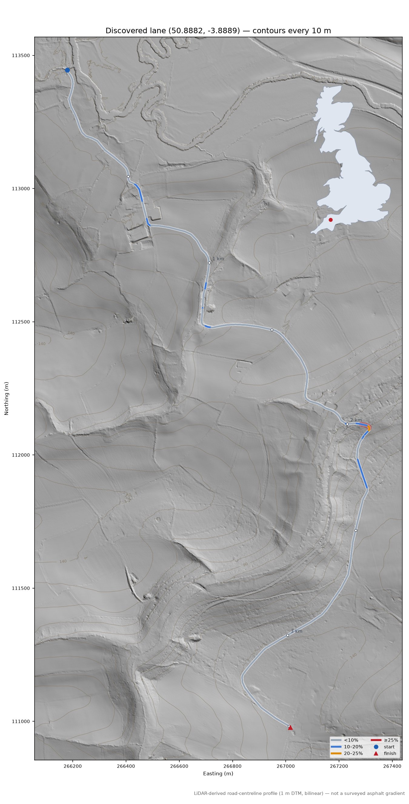 Discovered lane (50.8882, -3.8889) LiDAR hillshade map with contours