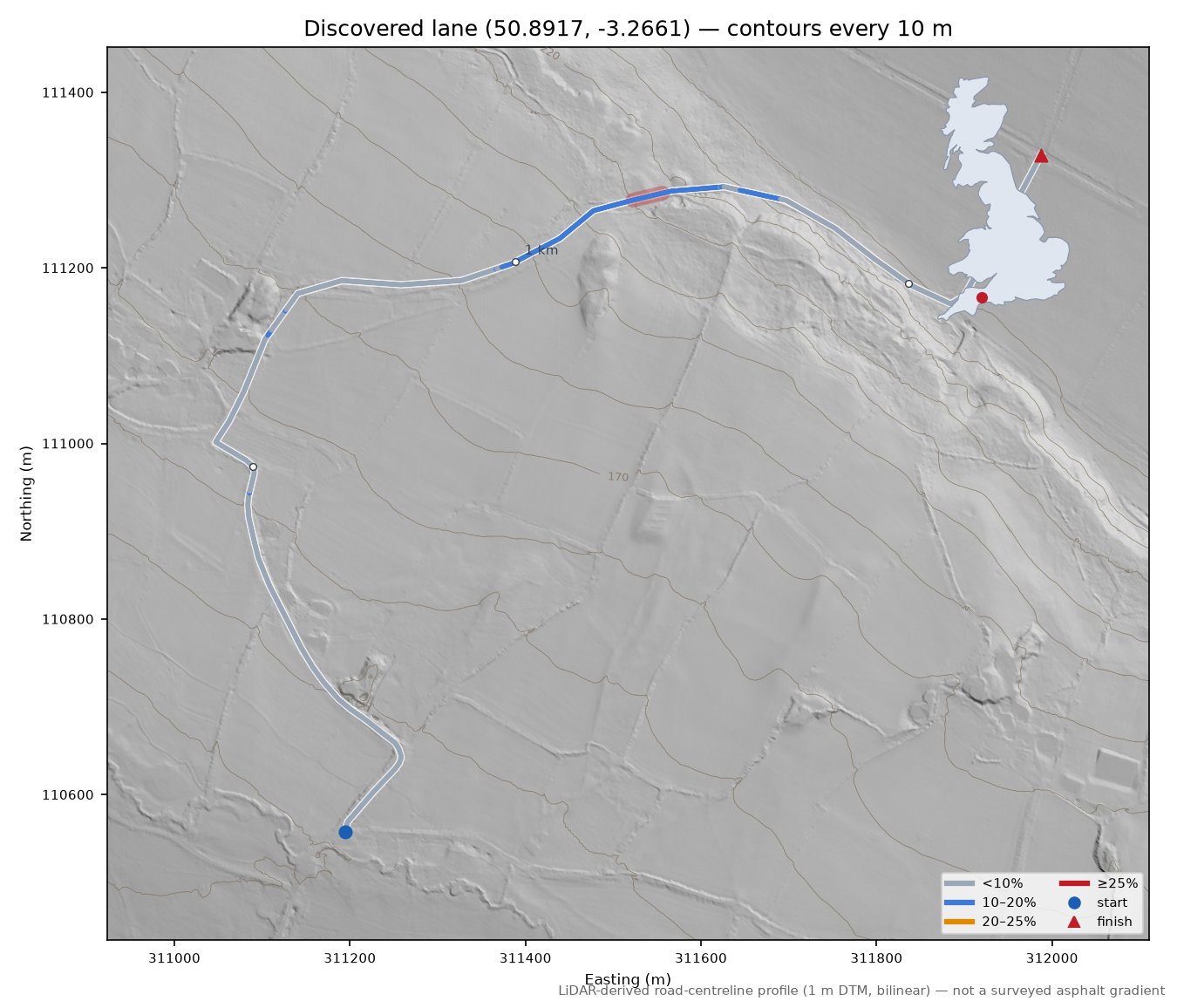 Discovered lane (50.8917, -3.2661) LiDAR hillshade map with contours