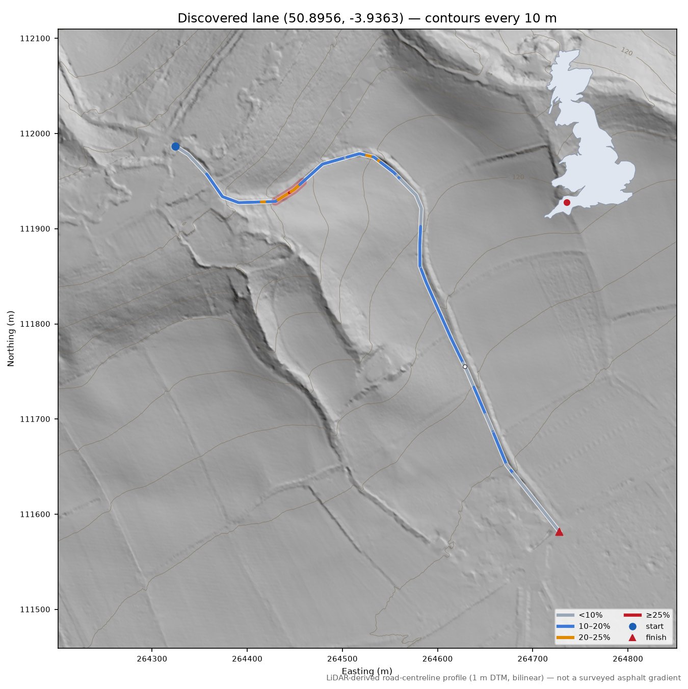 Discovered lane (50.8956, -3.9363) LiDAR hillshade map with contours