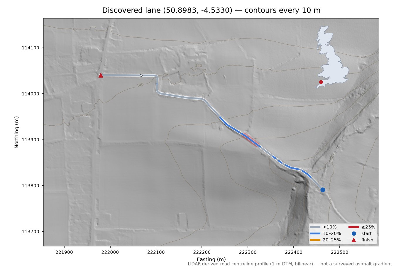 Discovered lane (50.8983, -4.5330) LiDAR hillshade map with contours