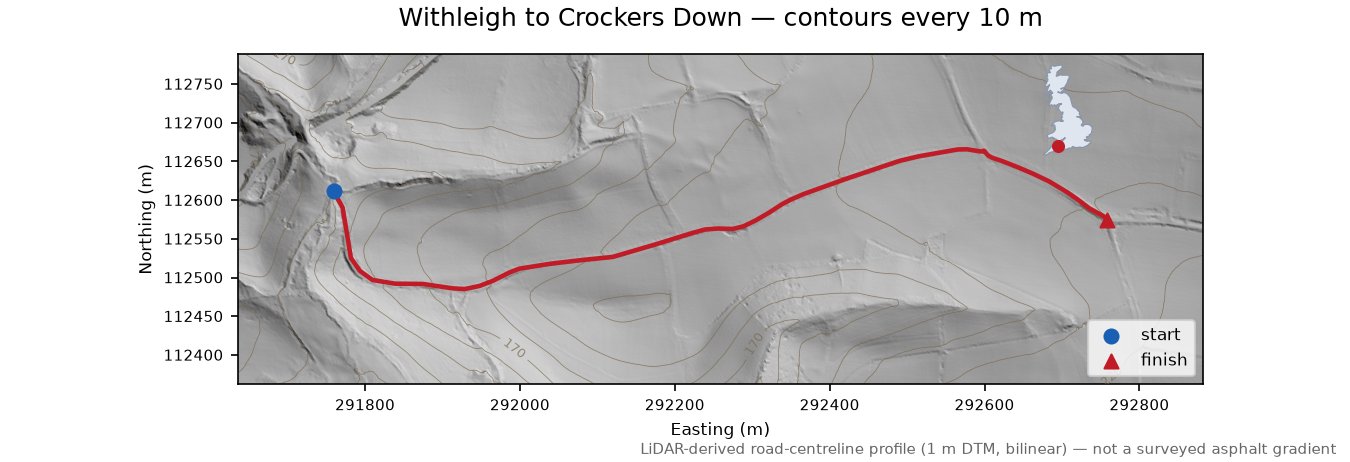 Withleigh to Crockers Down LiDAR hillshade map with contours