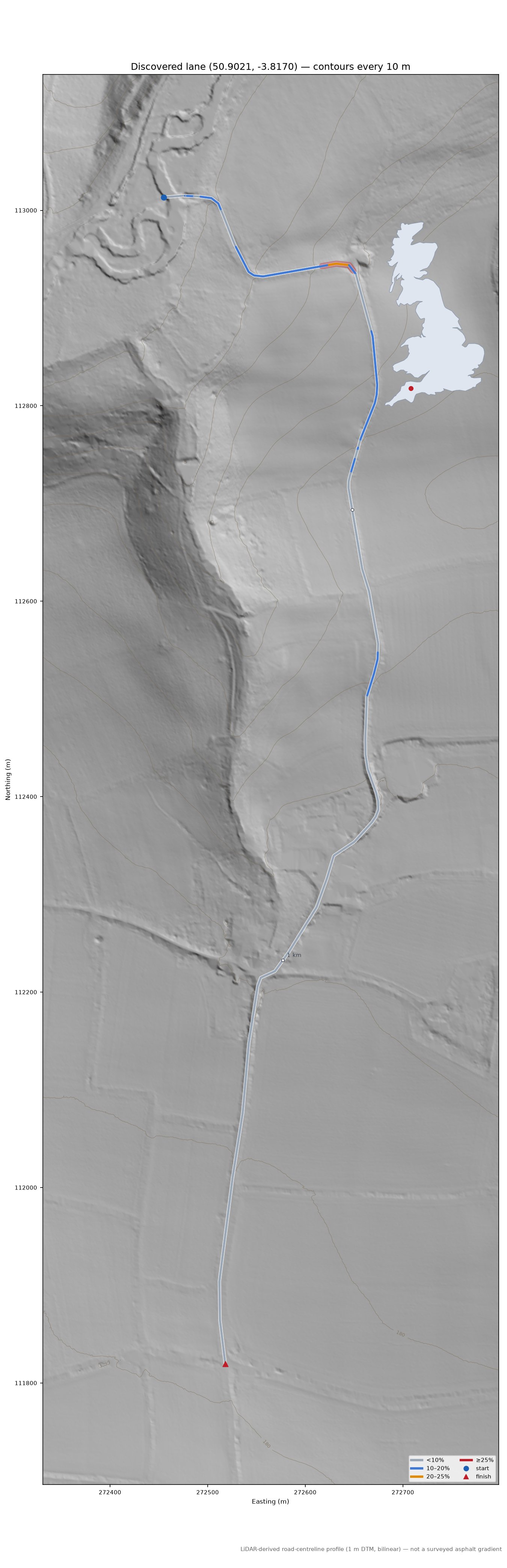Discovered lane (50.9021, -3.8170) LiDAR hillshade map with contours