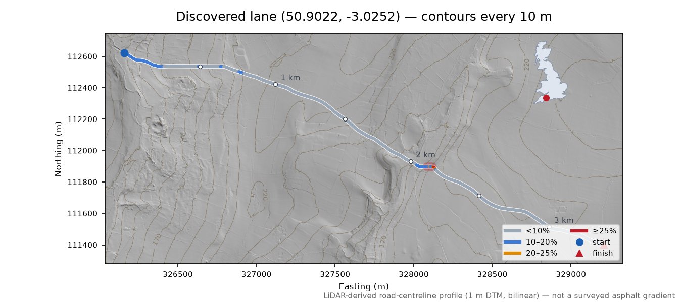 Discovered lane (50.9022, -3.0252) LiDAR hillshade map with contours