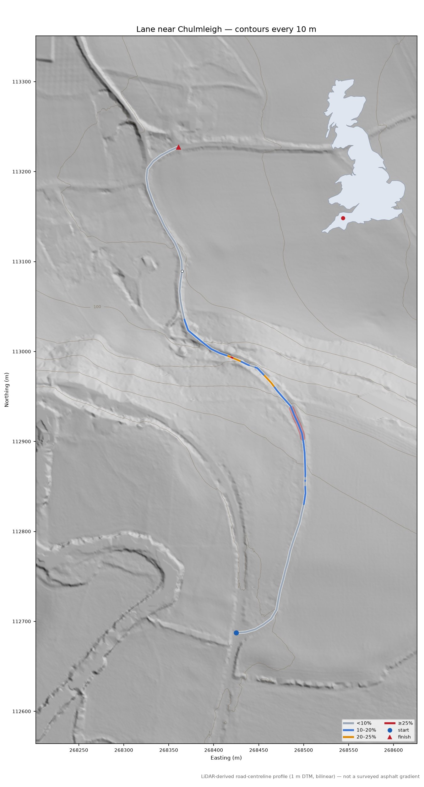 Lane near Chulmleigh LiDAR hillshade map with contours
