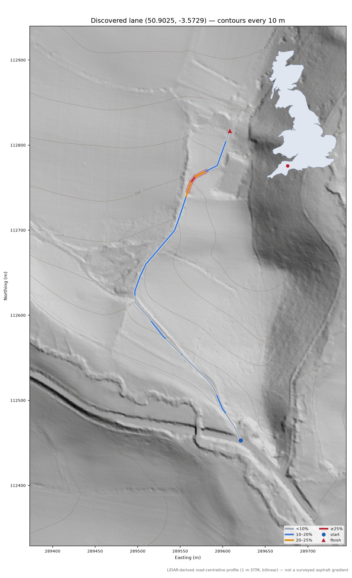 Discovered lane (50.9025, -3.5729) LiDAR hillshade map with contours