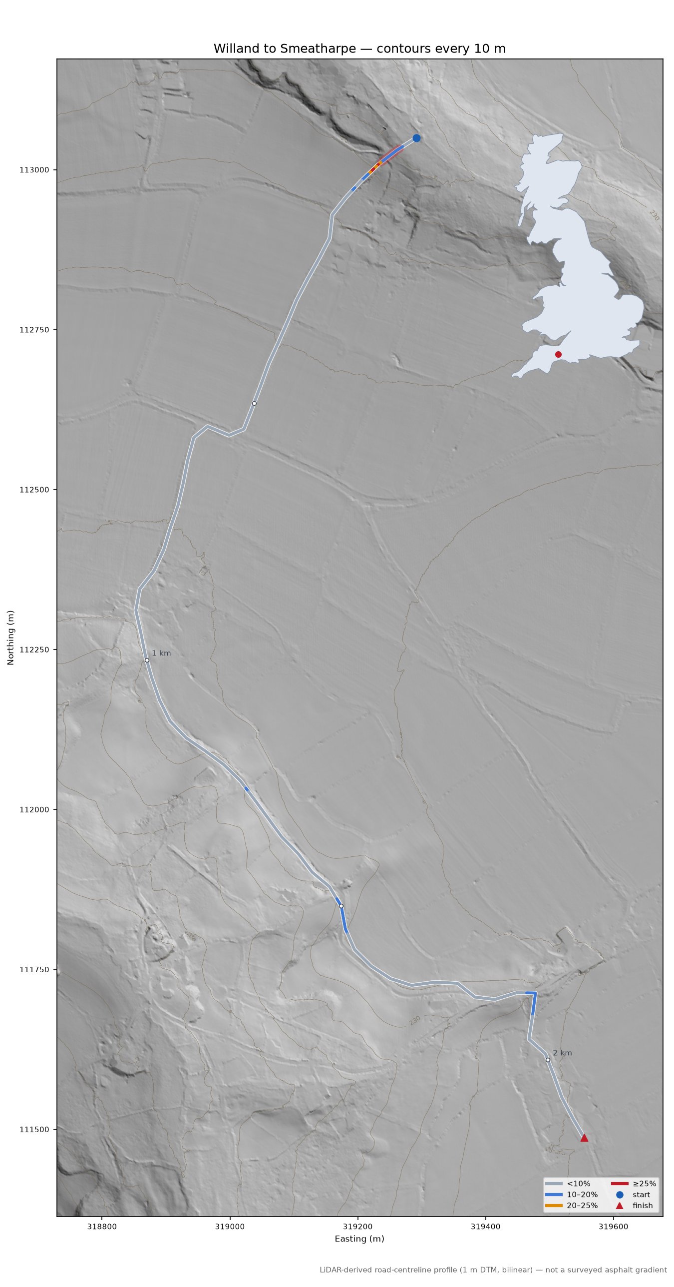 Willand to Smeatharpe LiDAR hillshade map with contours