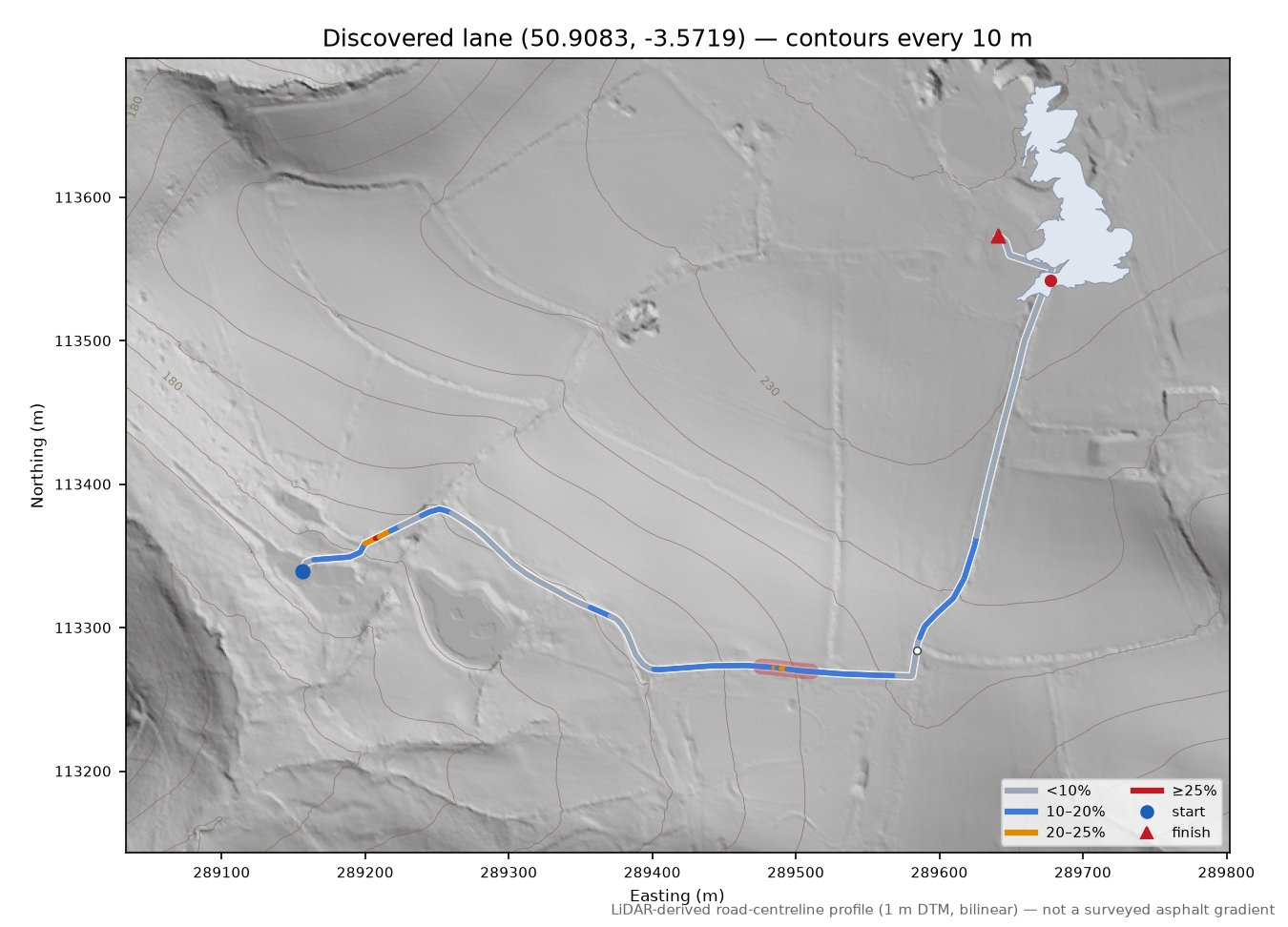 Discovered lane (50.9083, -3.5719) LiDAR hillshade map with contours