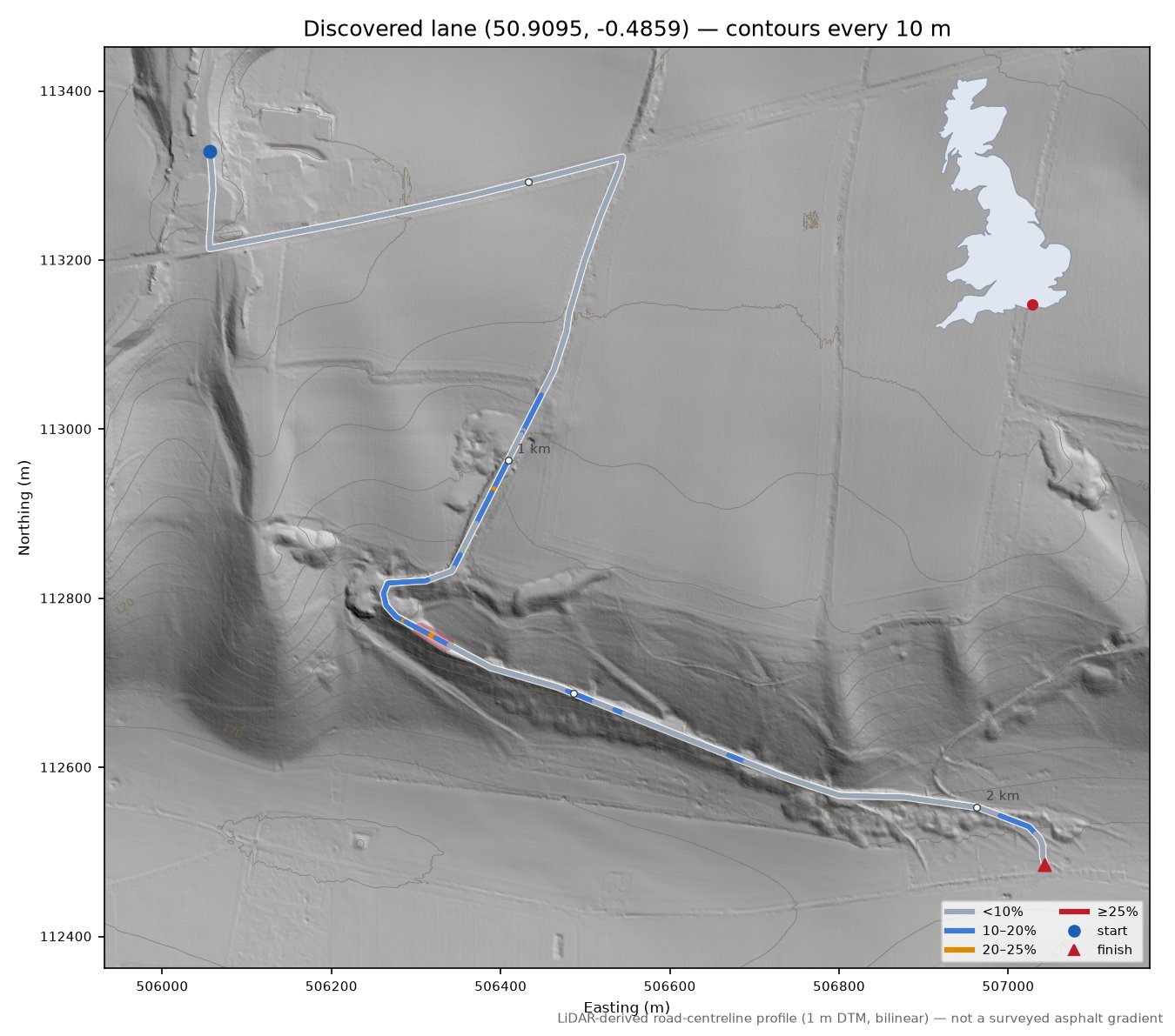 Discovered lane (50.9095, -0.4859) LiDAR hillshade map with contours