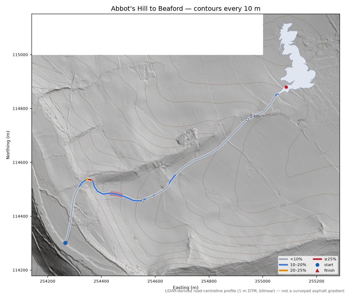 Abbot's Hill to Beaford LiDAR hillshade map with contours