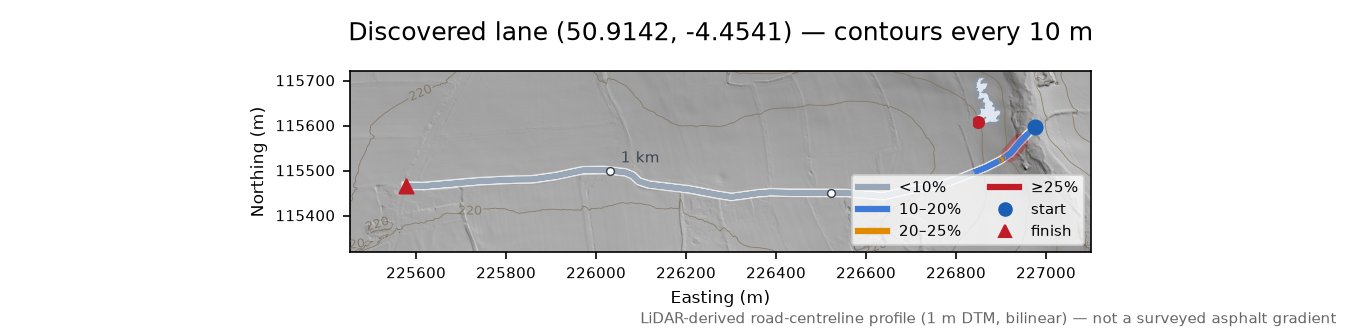 Discovered lane (50.9142, -4.4541) LiDAR hillshade map with contours