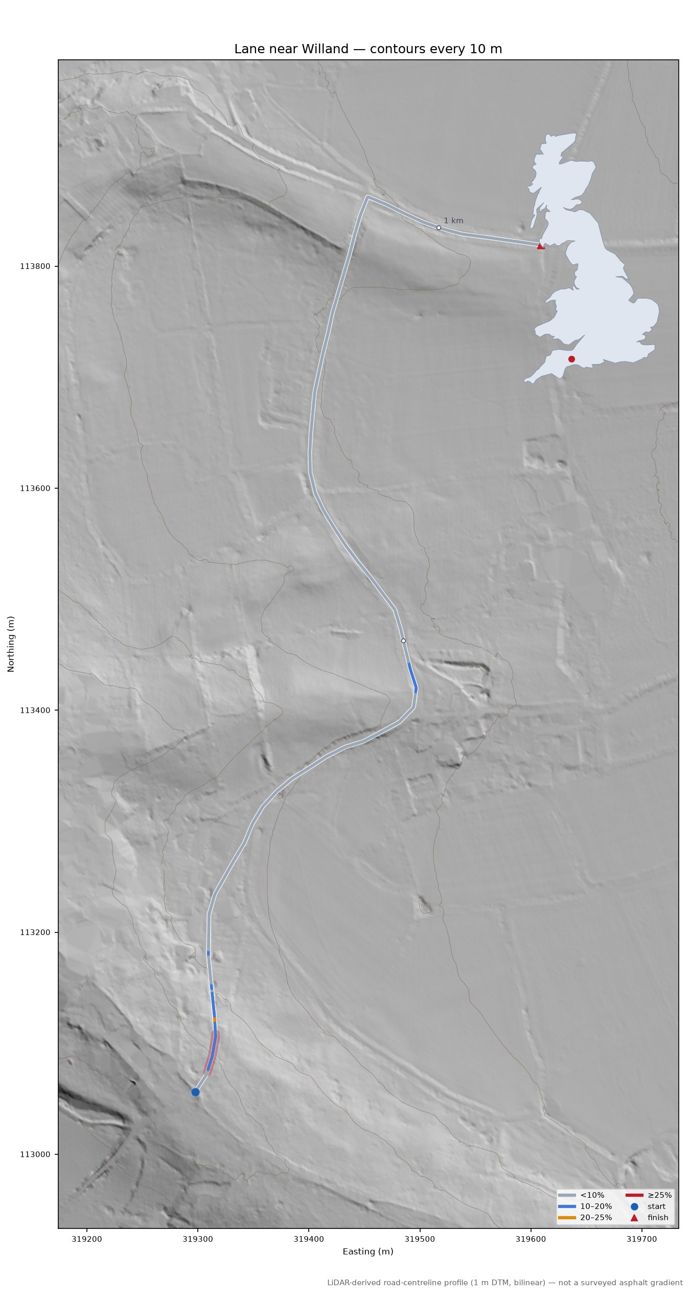 Lane near Willand LiDAR hillshade map with contours