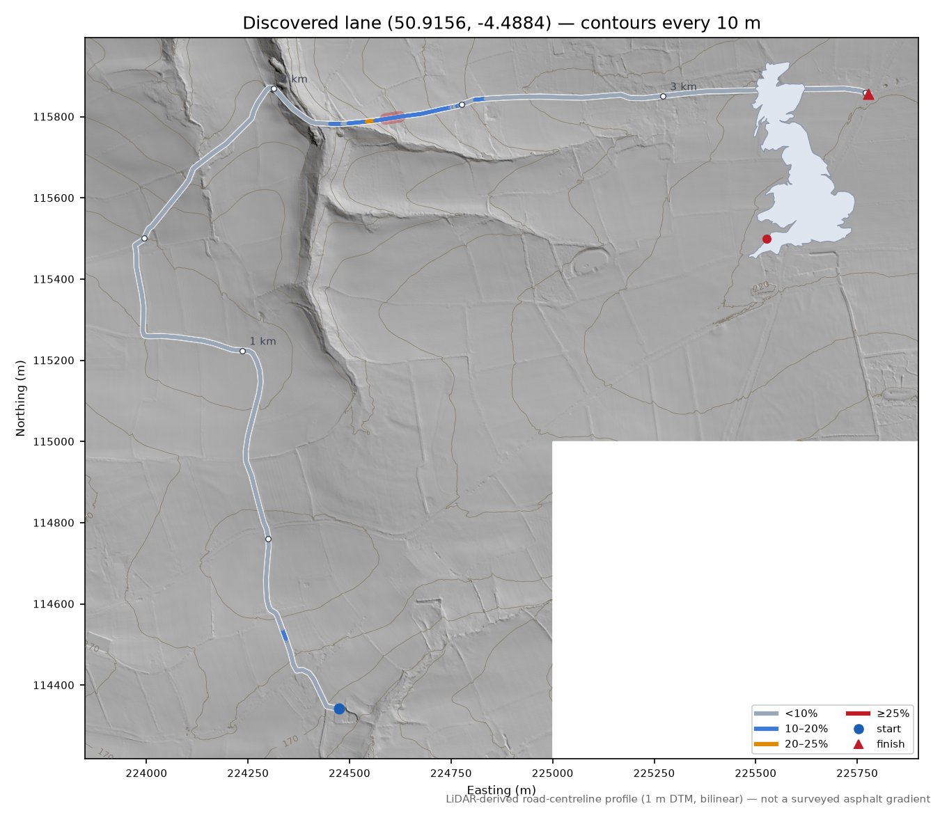 Discovered lane (50.9156, -4.4884) LiDAR hillshade map with contours