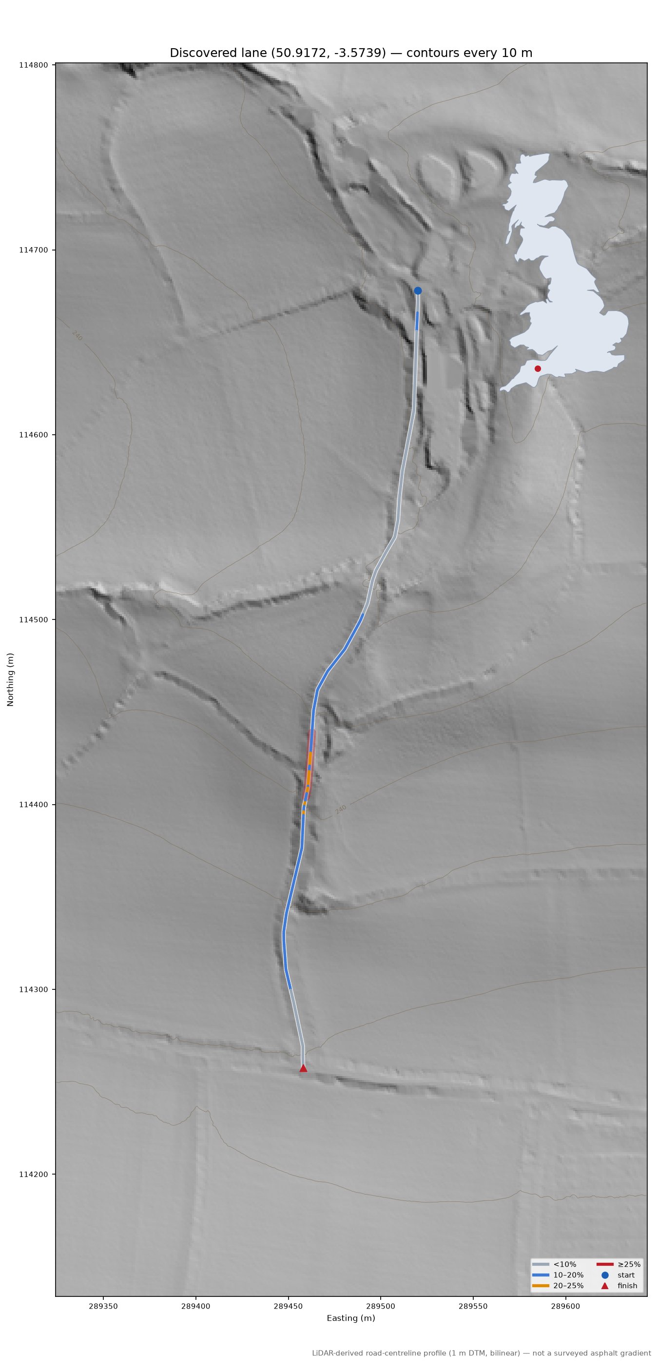 Discovered lane (50.9172, -3.5739) LiDAR hillshade map with contours