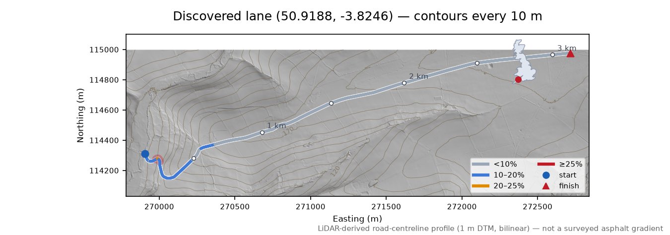 Discovered lane (50.9188, -3.8246) LiDAR hillshade map with contours