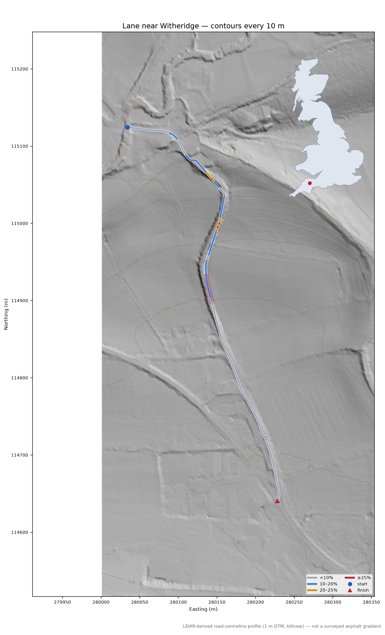 Lane near Witheridge LiDAR hillshade map with contours