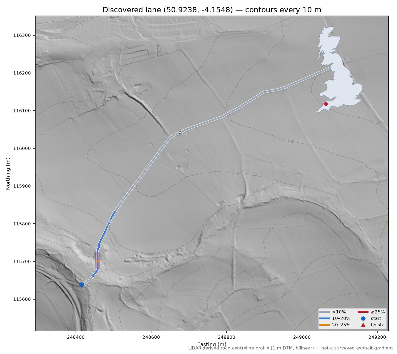 Discovered lane (50.9238, -4.1548) LiDAR hillshade map with contours