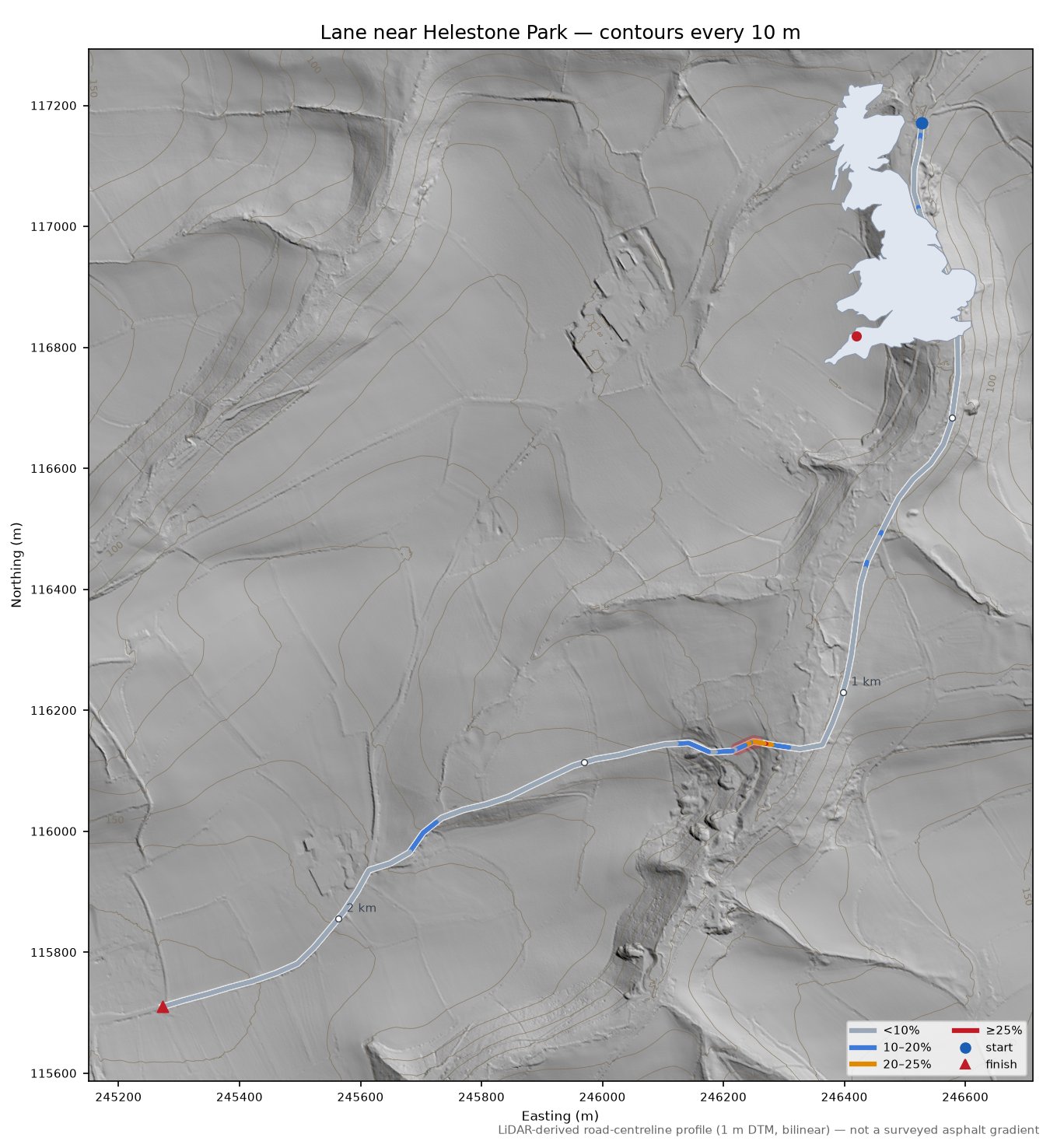 Lane near Helestone Park LiDAR hillshade map with contours