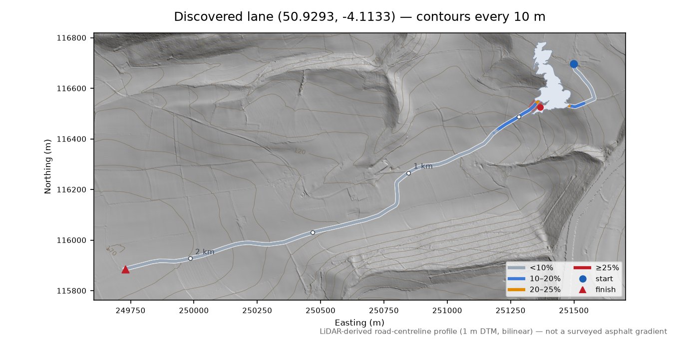 Discovered lane (50.9293, -4.1133) LiDAR hillshade map with contours