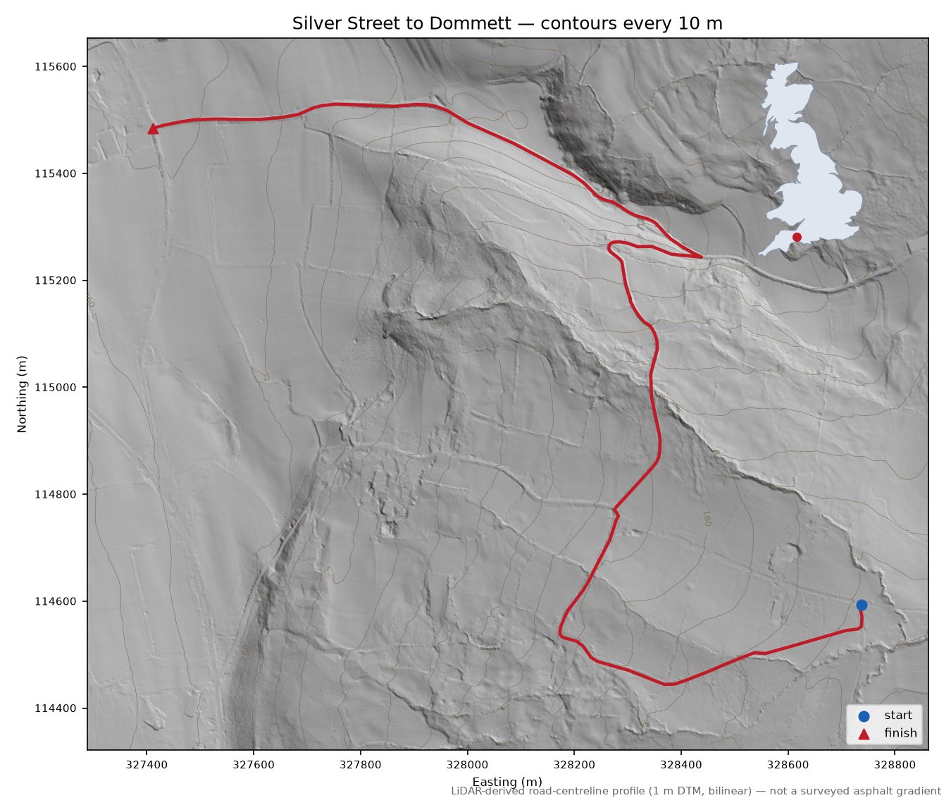 Silver Street to Dommett LiDAR hillshade map with contours