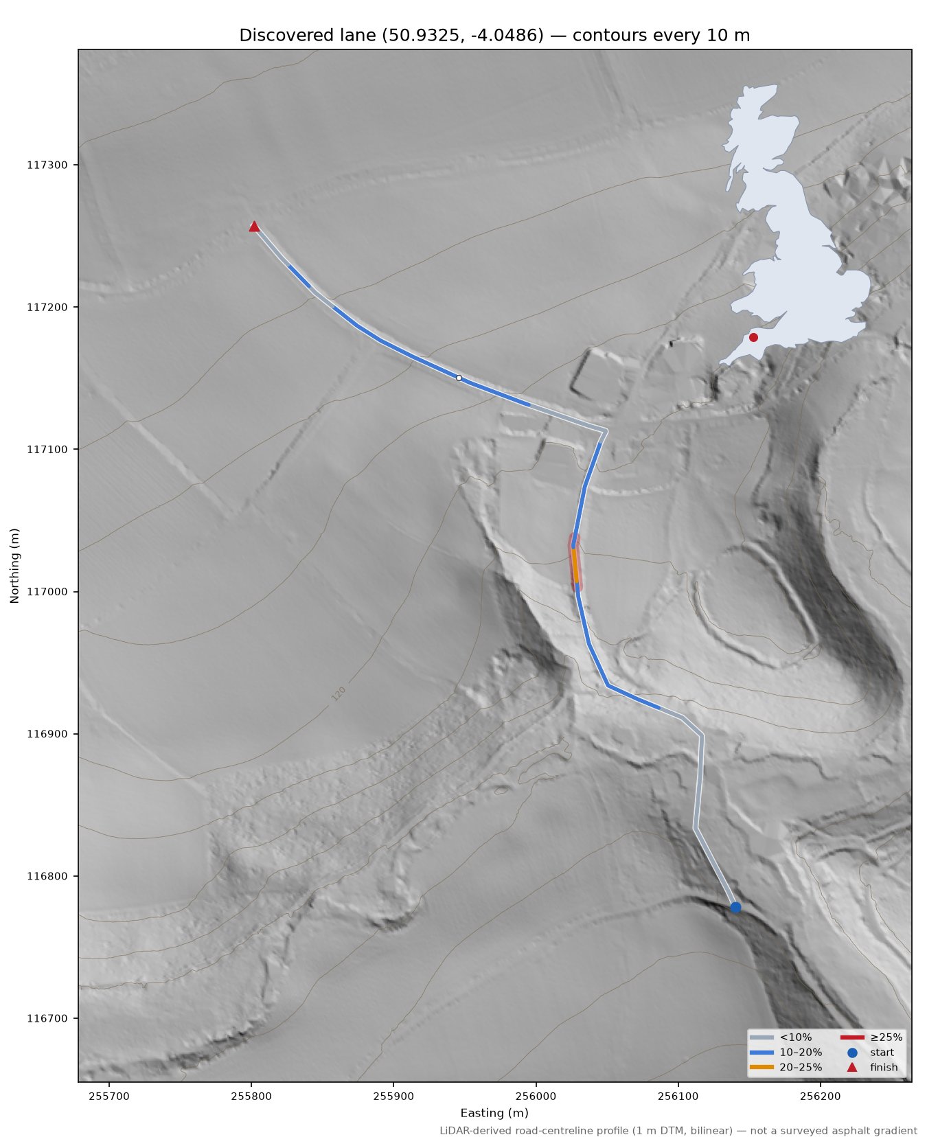 Discovered lane (50.9325, -4.0486) LiDAR hillshade map with contours