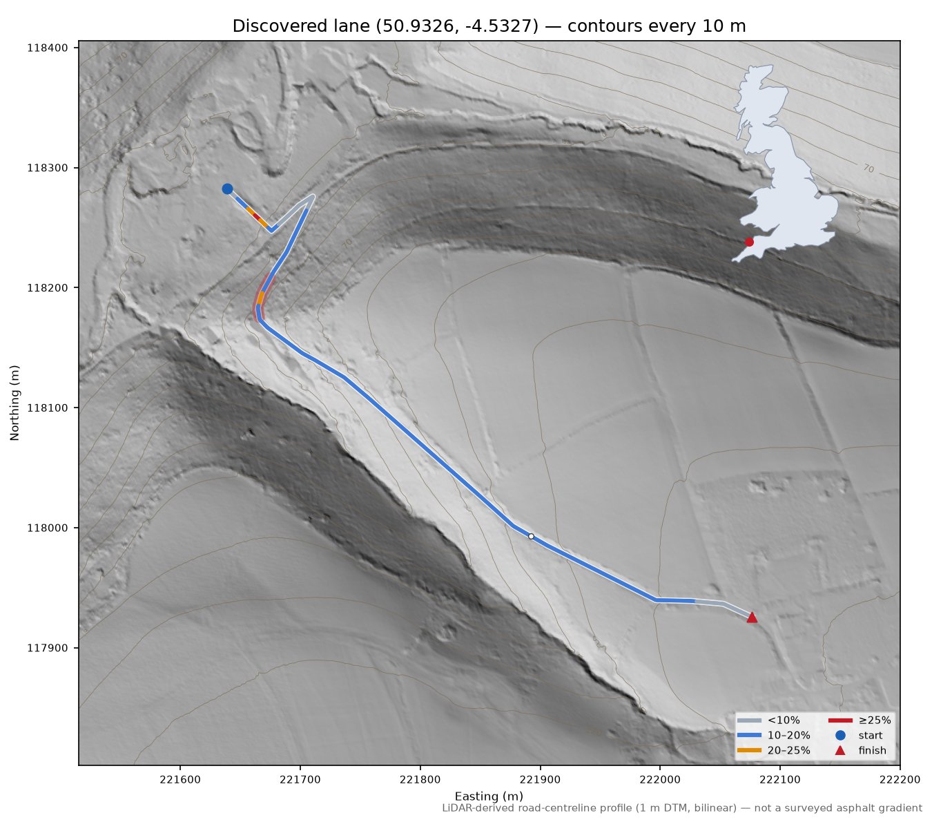 Discovered lane (50.9326, -4.5327) LiDAR hillshade map with contours