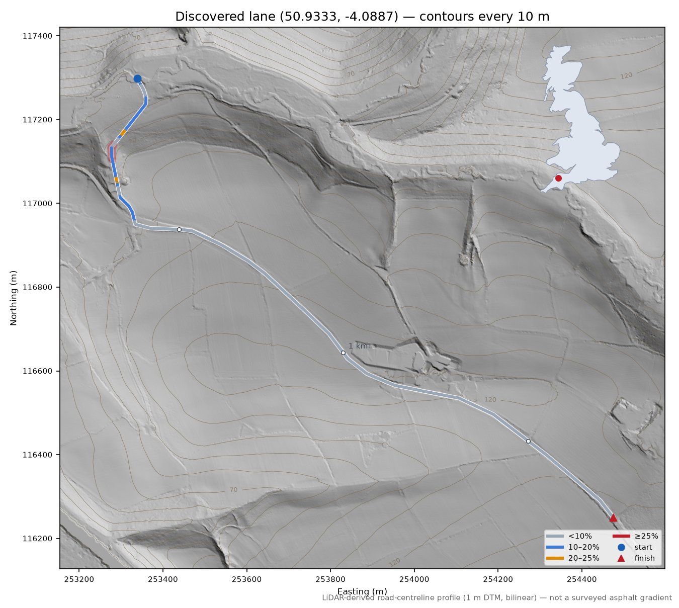 Discovered lane (50.9333, -4.0887) LiDAR hillshade map with contours
