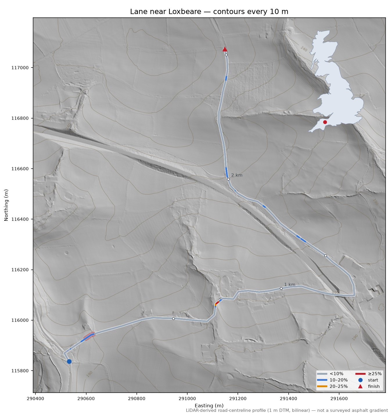 Lane near Loxbeare LiDAR hillshade map with contours
