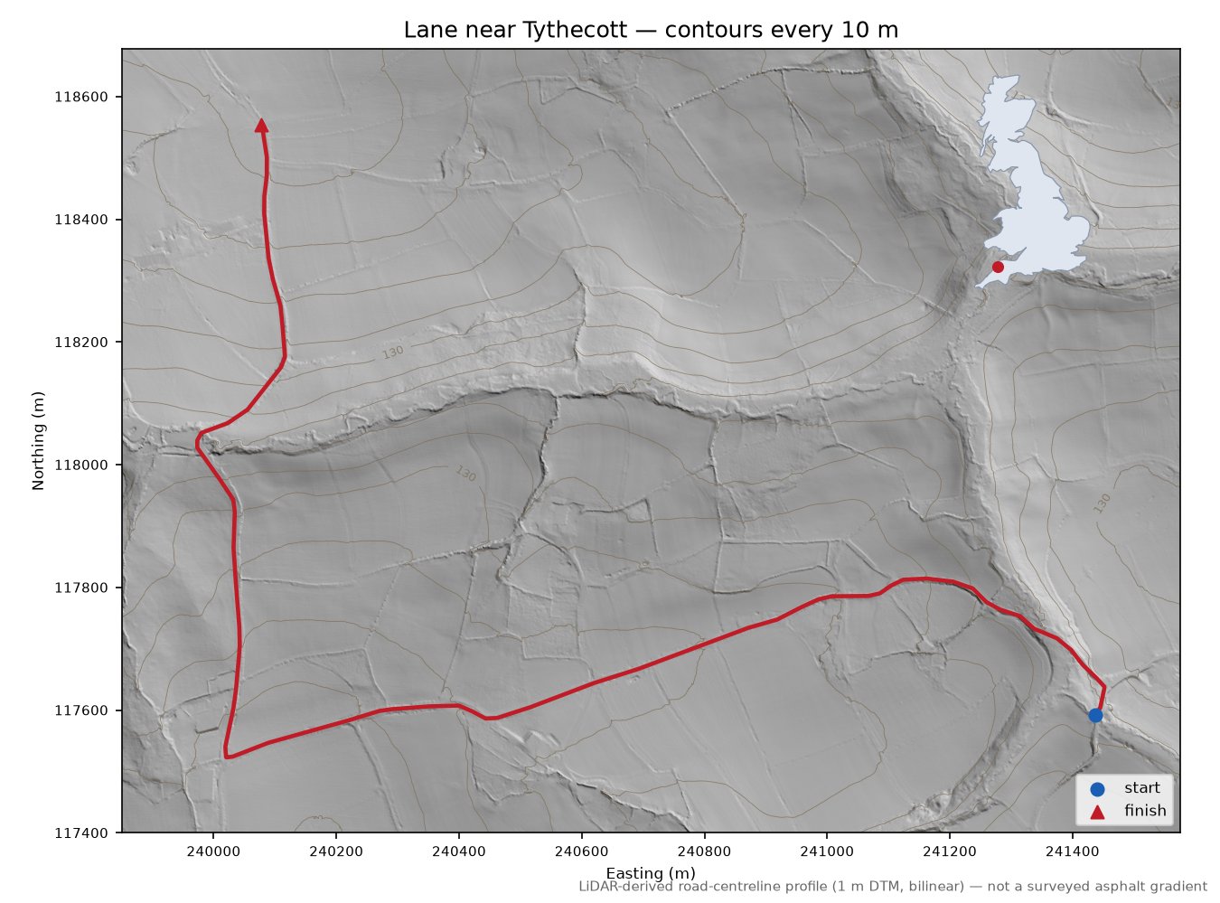 Lane near Tythecott LiDAR hillshade map with contours