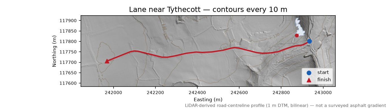Lane near Tythecott LiDAR hillshade map with contours