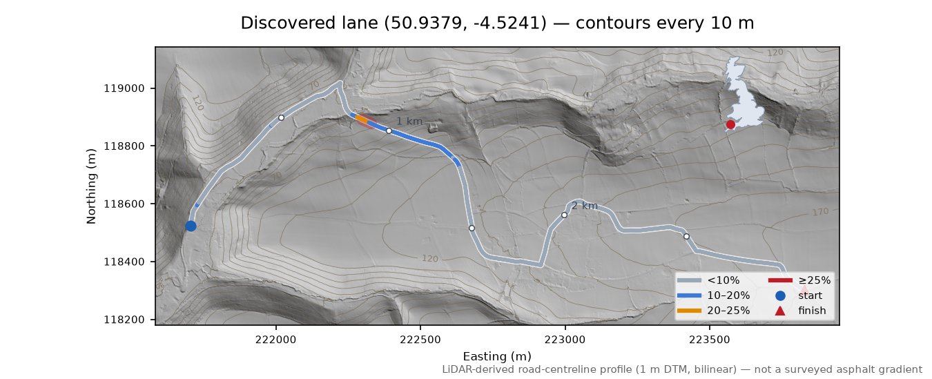Discovered lane (50.9379, -4.5241) LiDAR hillshade map with contours