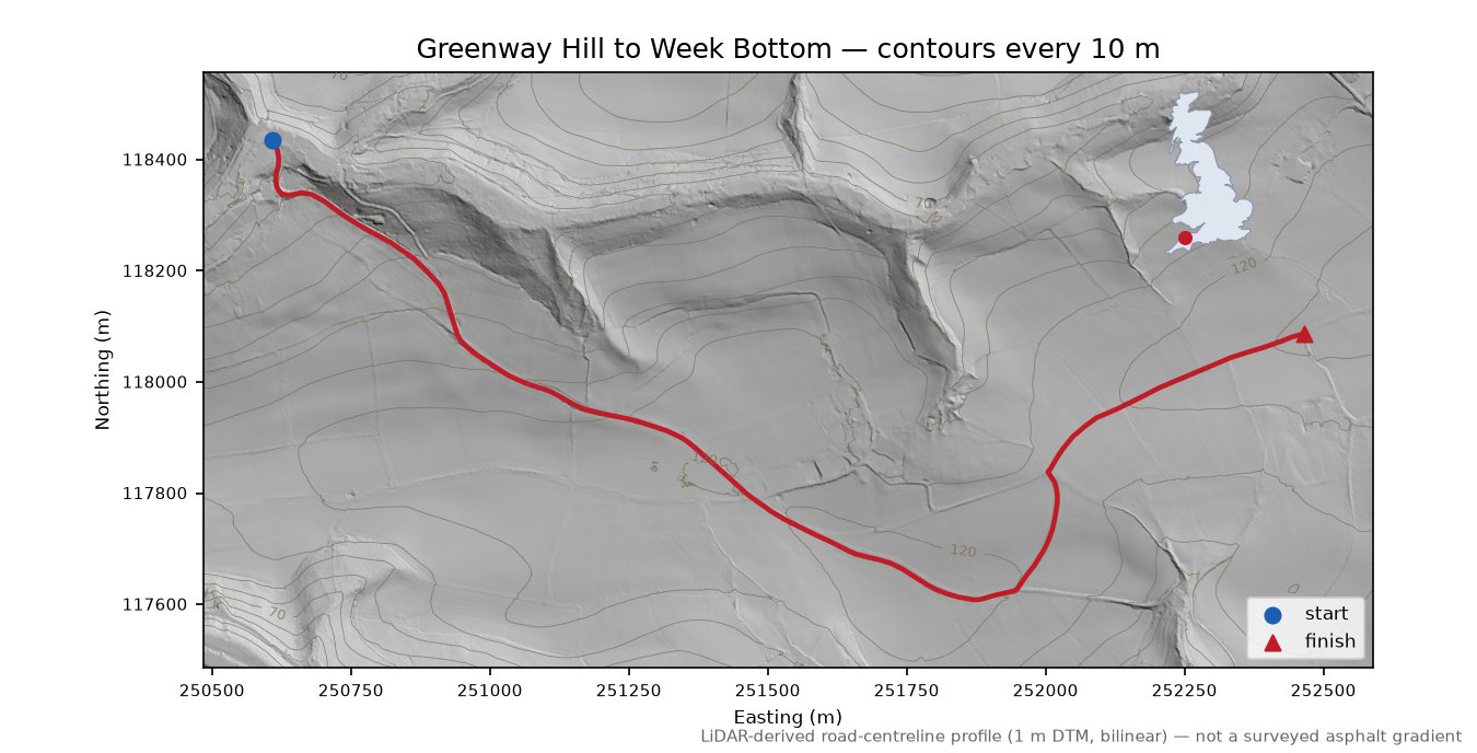 Greenway Hill to Week Bottom LiDAR hillshade map with contours