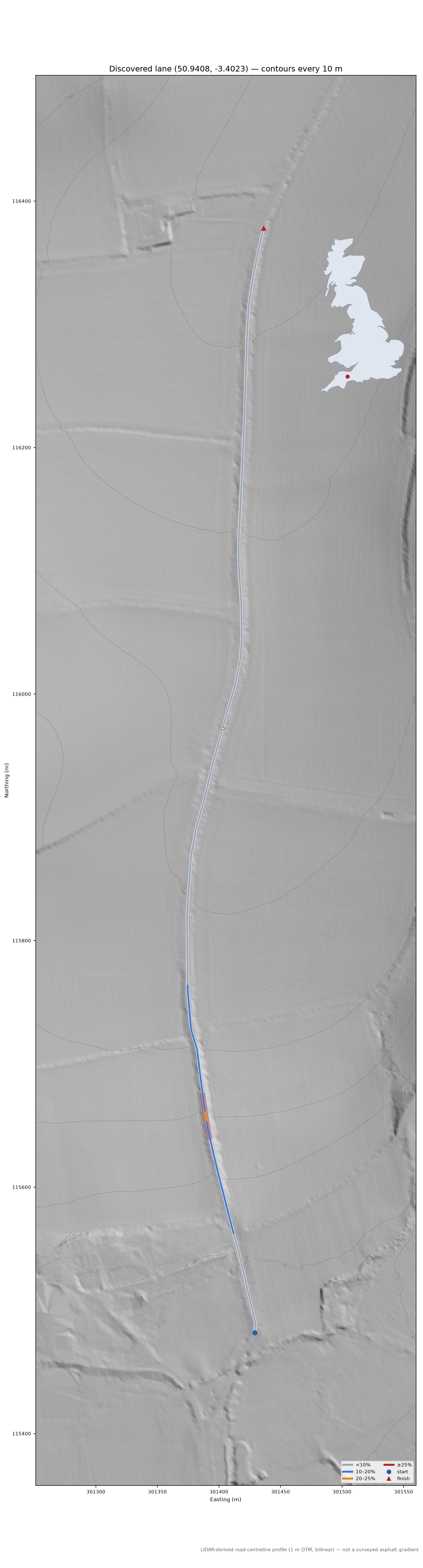 Discovered lane (50.9408, -3.4023) LiDAR hillshade map with contours