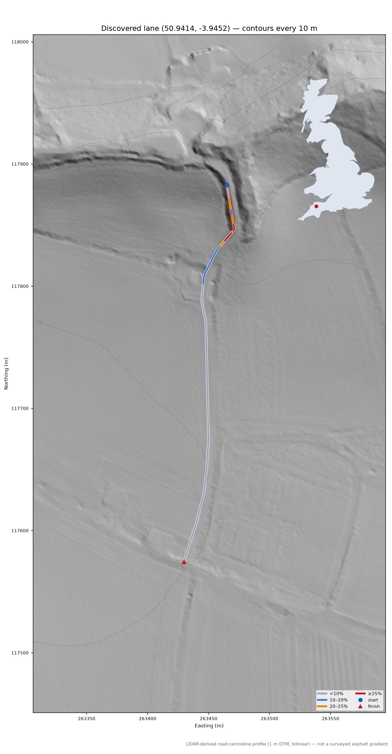 Discovered lane (50.9414, -3.9452) LiDAR hillshade map with contours
