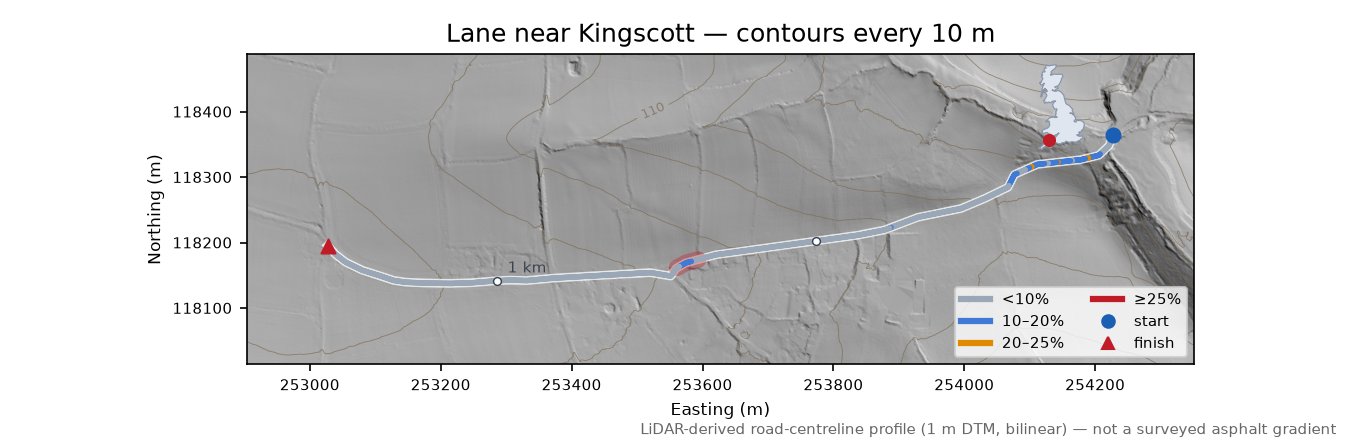 Lane near Kingscott LiDAR hillshade map with contours