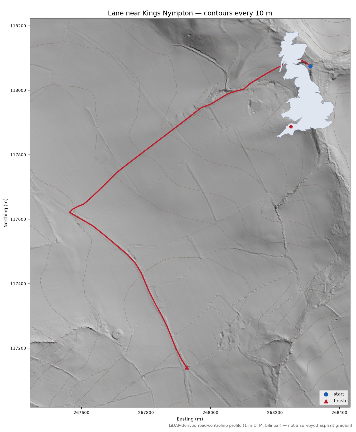 Lane near Kings Nympton LiDAR hillshade map with contours