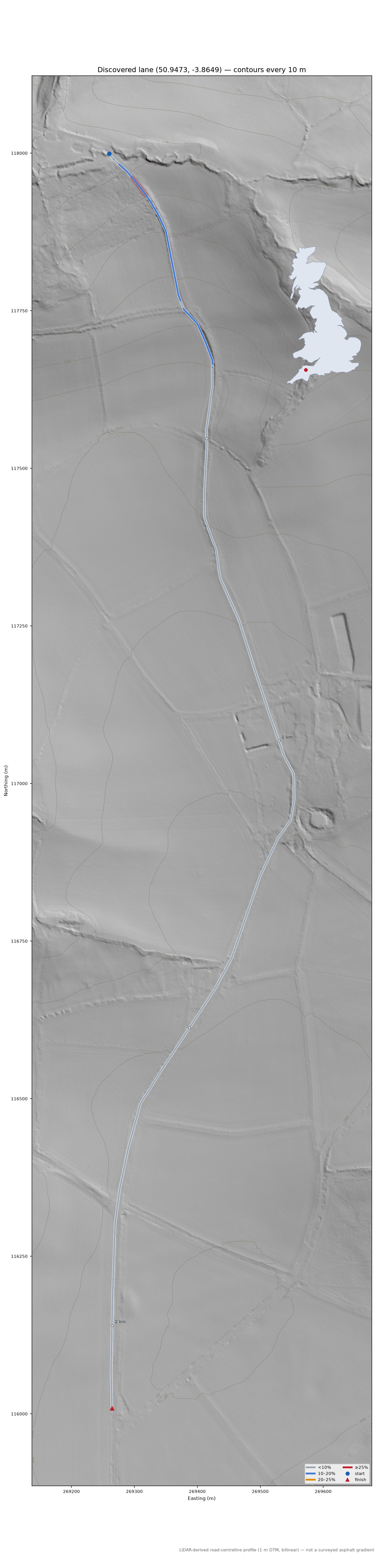 Discovered lane (50.9473, -3.8649) LiDAR hillshade map with contours