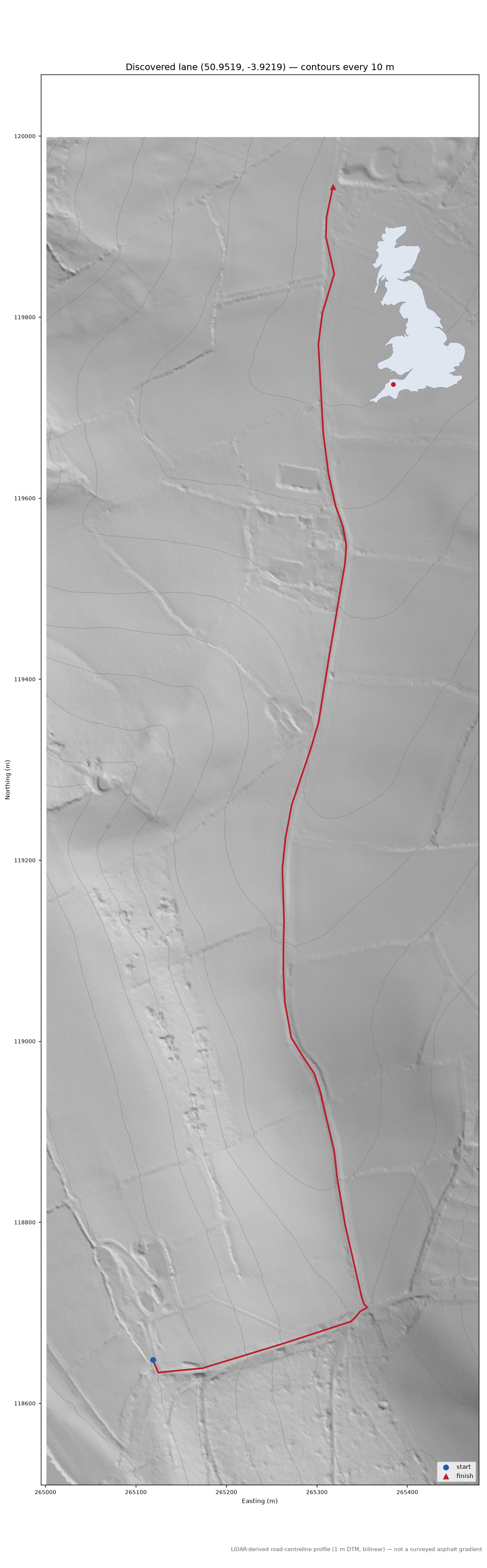 Discovered lane (50.9519, -3.9219) LiDAR hillshade map with contours