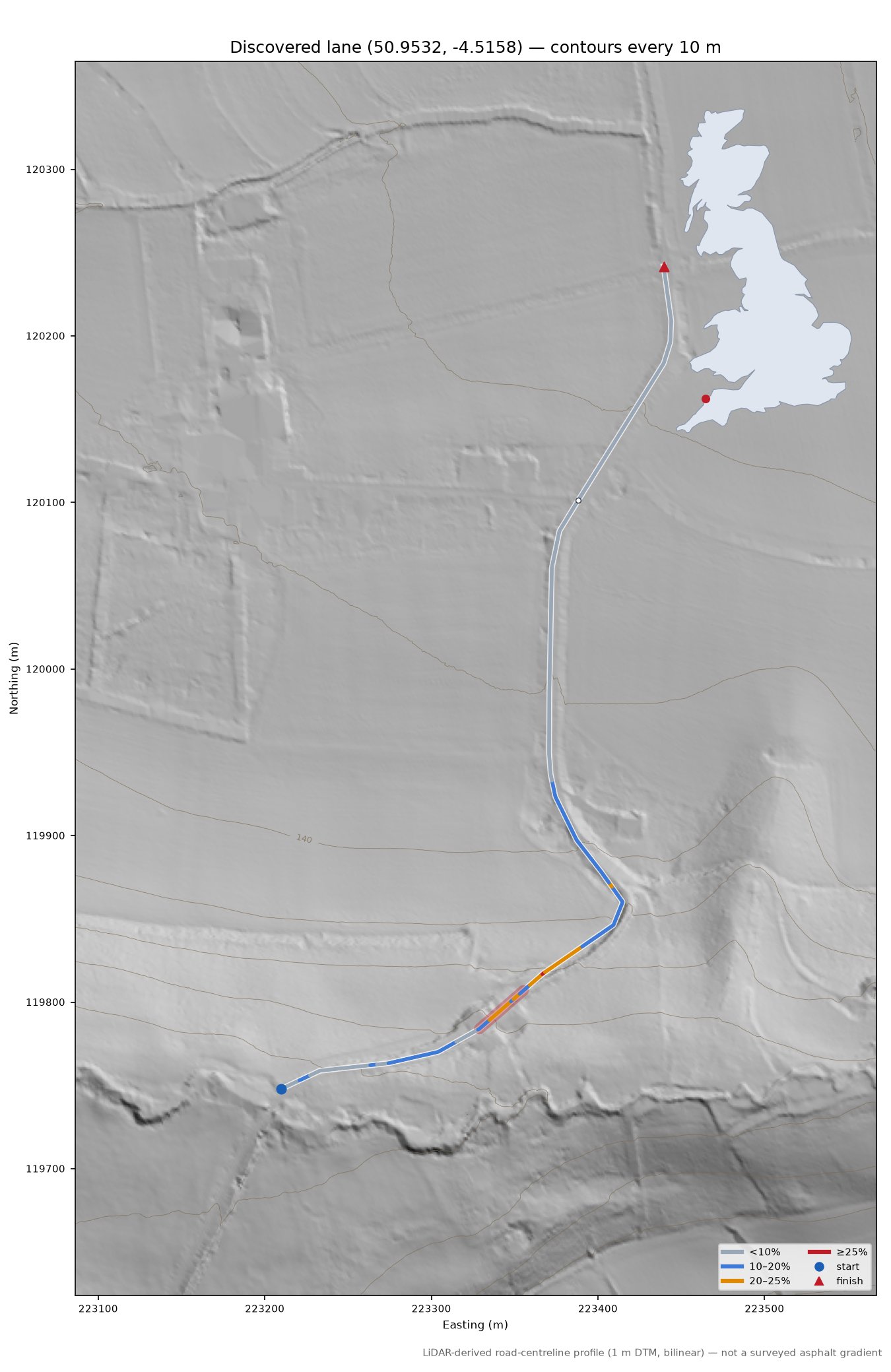Discovered lane (50.9532, -4.5158) LiDAR hillshade map with contours