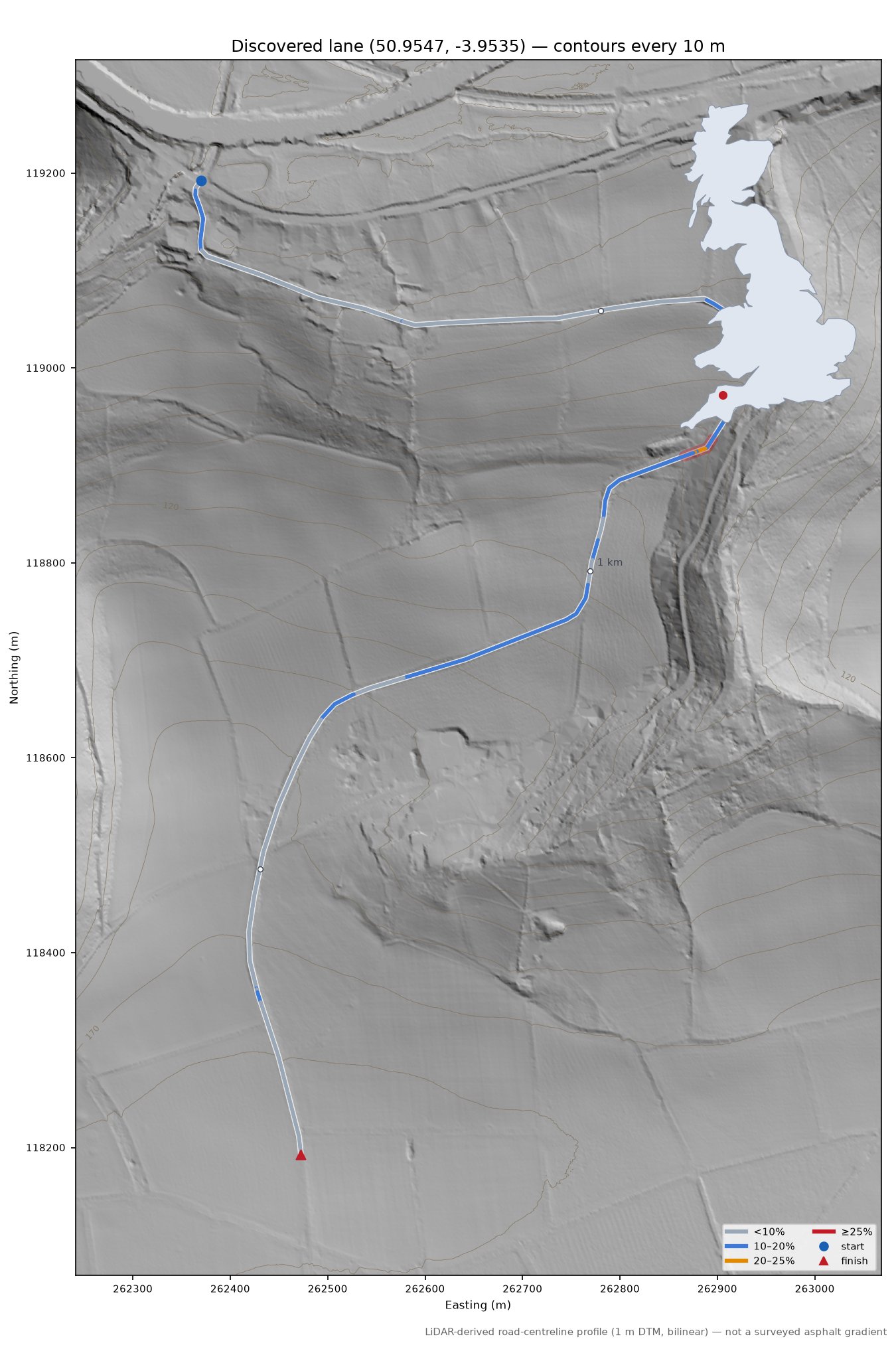Discovered lane (50.9547, -3.9535) LiDAR hillshade map with contours